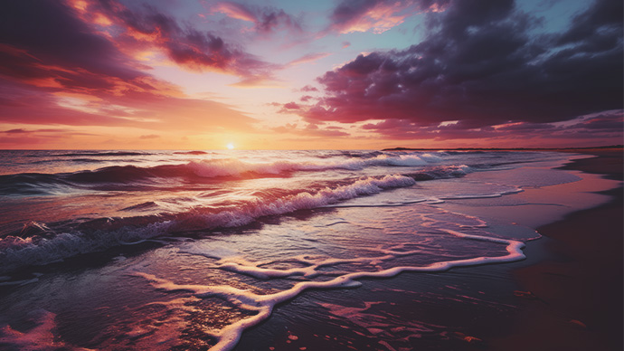 A sunrise casting warm hues across aa tranquil beach