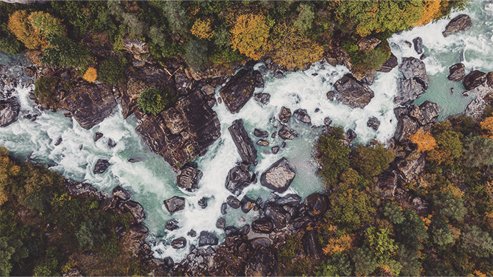Drone point of view over the Rio Cinca in Aragon, Spain