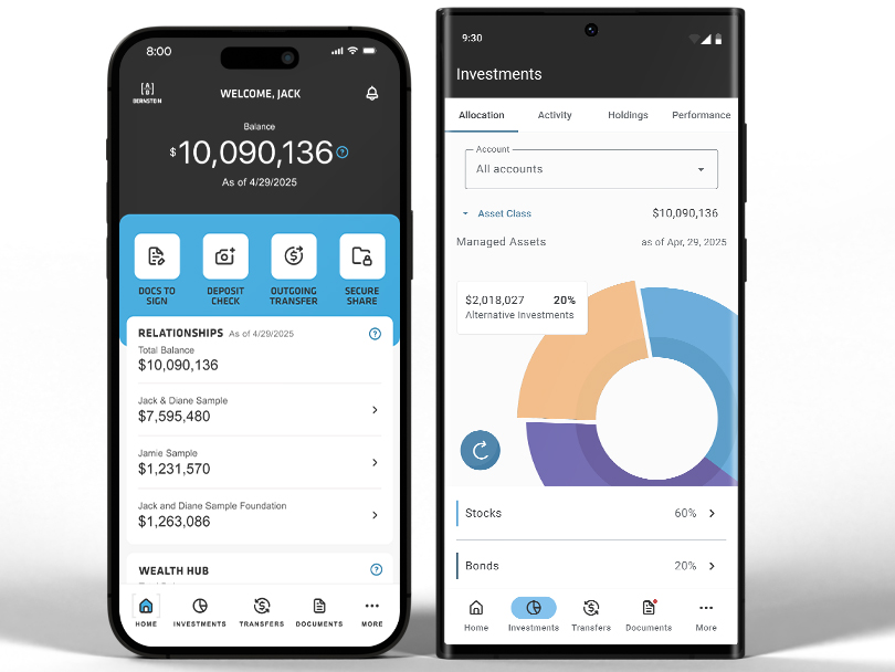 Color image of phones displaying the myBernstein mobile app