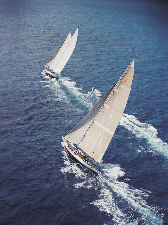 Aerial view of J-Class Cutter Ranger in the Antigua Classic Yacht Regatta, Antigua & Barbuda